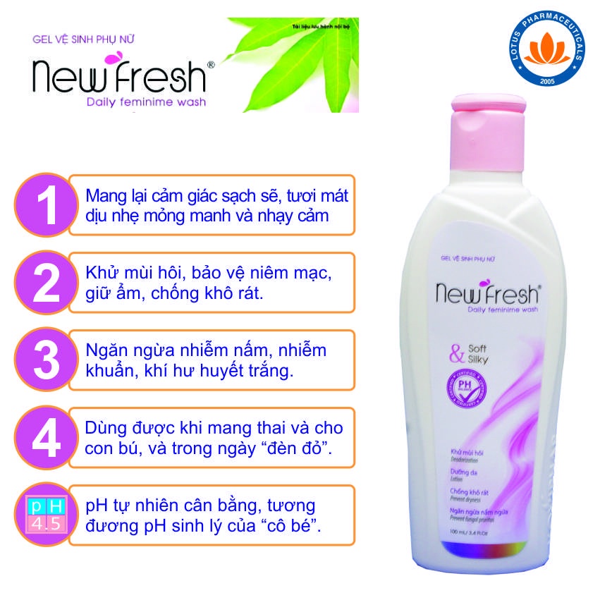 New Fresh 100ml Gel Vệ Sinh Vùng Kín - Khử Mùi Hôi, Làm Hồng Và Se Khít Cô Bé - Hàng Chính Hãng |Lotuspharma