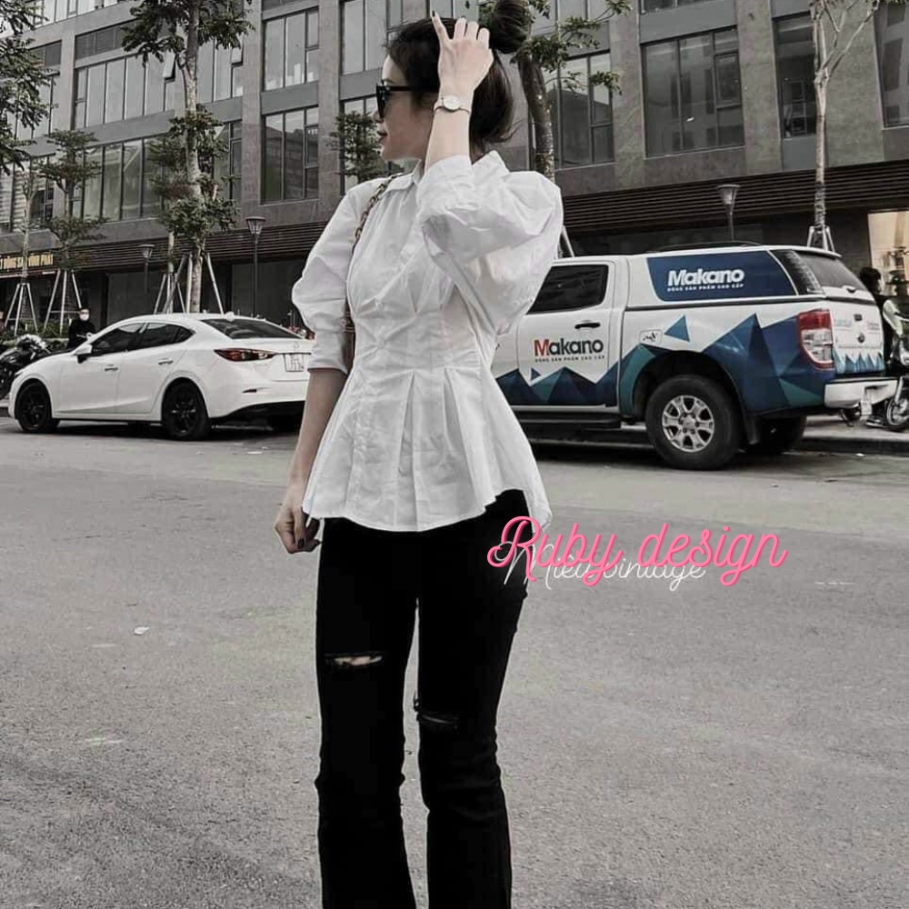 Áo sơ mi kiểu nữ , áo sơ mi nữ tay lỡ xếp ly chun lưng màu trắng nâu vải thô mềm cao cấp phong cách hàn quốc RubyShop