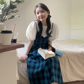 Đầm Hai Dây Tay Phồng Họa Tiết Sọc Caro Màu Xanh Dương Phong Cách Hàn Quốc Thời Trang Mùa Hè Mới Cho Bạn Gái