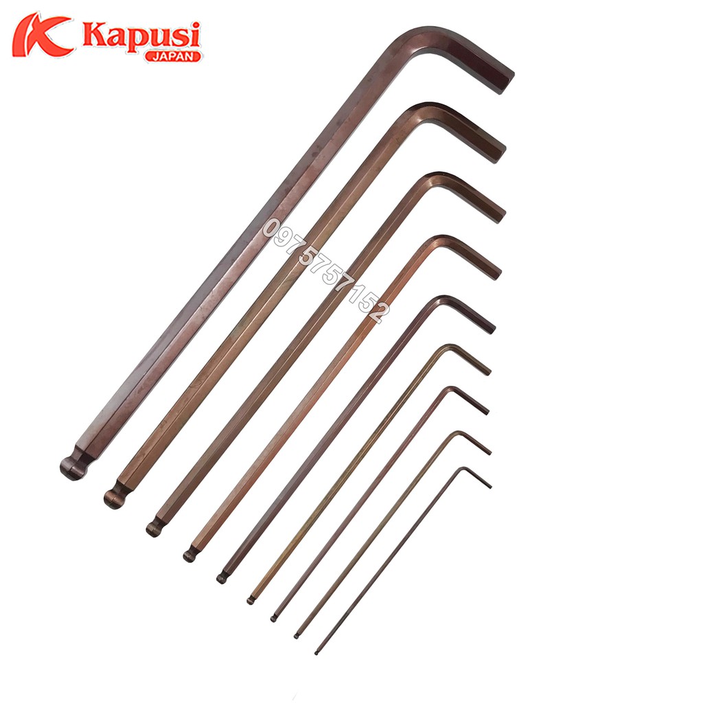 Lục giác đầu bi Nhật Kapusi Japan, thép S2 cao cấp siêu cứng, mômen xoắn mạnh, chìa vặn lục giác chữ L nhiều kích thước