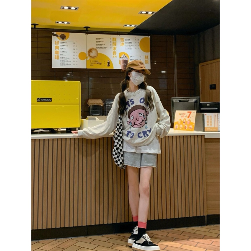 Áo Nỉ Dài Tay Cổ Tròn Form Rộng In Họa Tiết Hoạt Hình Cho Nữ | BigBuy360 - bigbuy360.vn