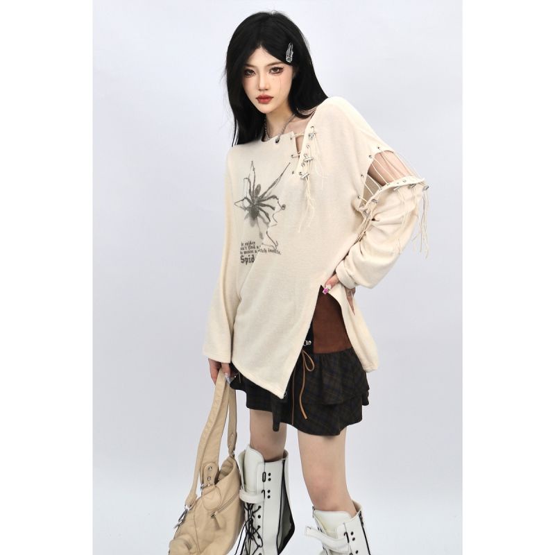 Áo Thun Tay Dài Dáng Rộng In Hình Nhện Phong Cách Đường Phố Mỹ Thời Trang Mùa Xuân Cho Nữ