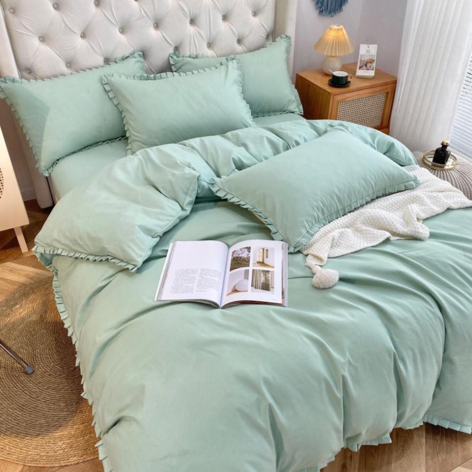 Bộ chăn ga Cotton Tici phối bèo bộ chăn ga Hàn Quốc đủ màu đủ size miễn phí bo chun_hàng không kèm ruột