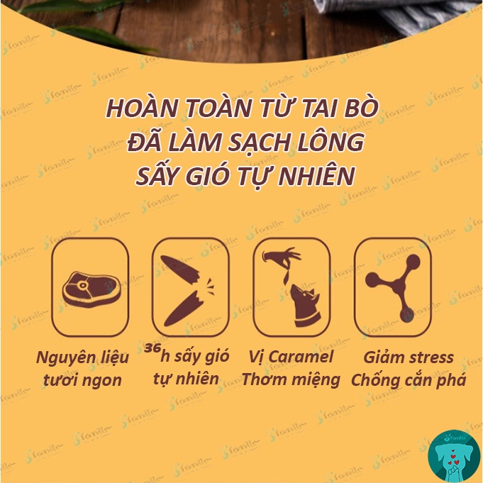 Snack Sạch Răng Miệng JFamille, Tai Bò Vị Caramel, Bổ Sung Canxi, Collagen, Protein, Giảm Stress &amp; Chống Cắn Phá. JF147