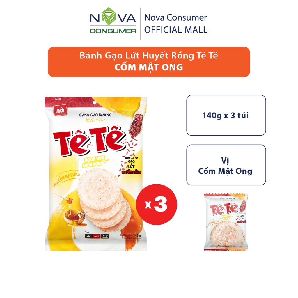 [Mới - Combo 3 túi] Bánh Gạo Lứt Huyết Rồng Tê Tê Cốm Mật Ong 140g x 3 túi