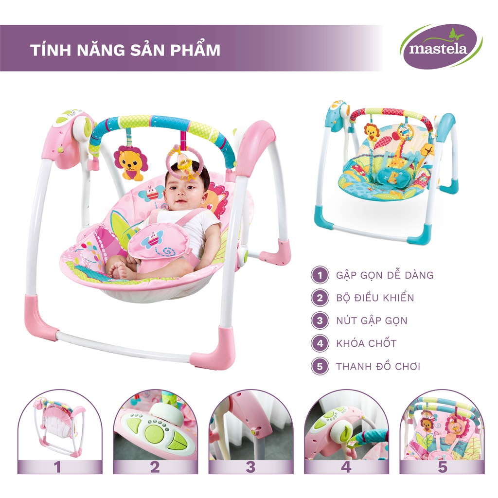 Xích đu - nôi điện ru ngủ cao cấp cho bé Mastela 6519/6579, 5 chế độ đung đưa, có nhạc và hẹn giờ - Bảo hành chính hãng