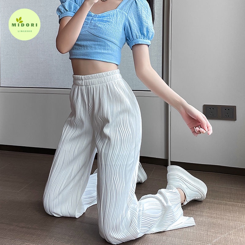 Quần dài ống rộng nữ Midori hè 2022 họa tiết nước gợn sóng phong cách cạp cao xếp nếp co dãn