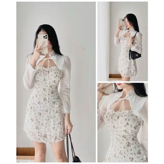 Váy hoa nhí phối tay voan cut out cổ thắt nơ