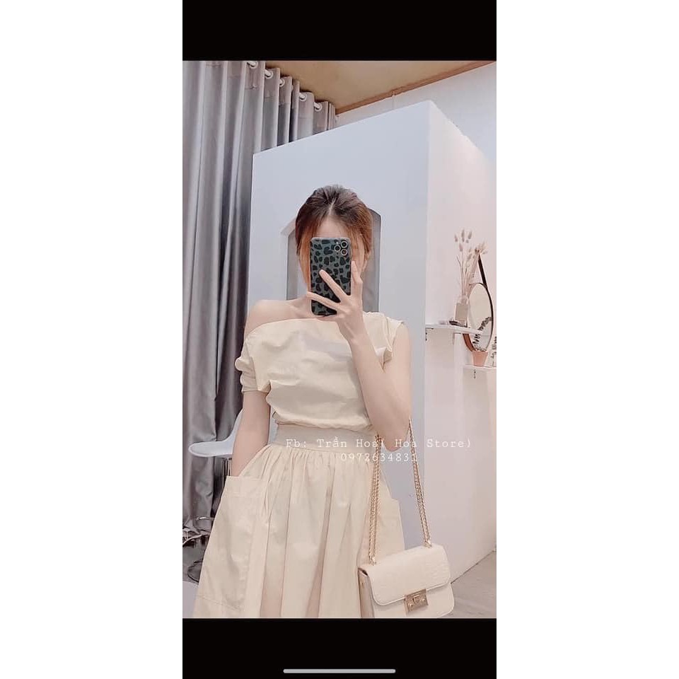 Váy nữ thô lệch vai chân xoè có túi bên xịn xò