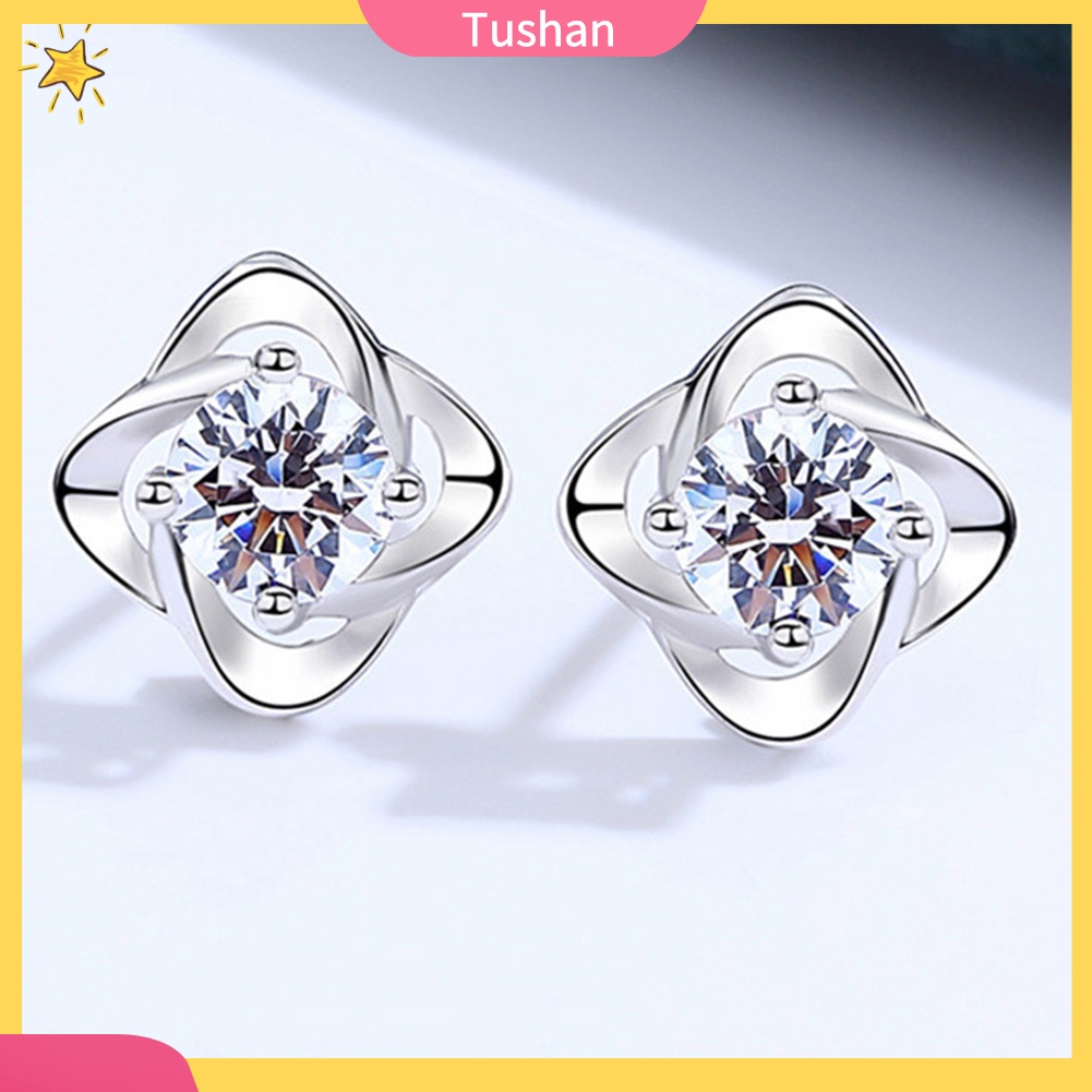 Khuyên tai hình lá 4 cánh khảm kim cương giả quà tặng cho lễ Valentine