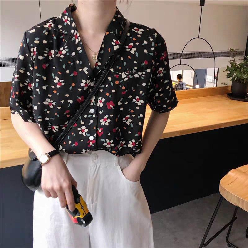 Áo Chiffon Tay Ngắn Cổ Chữ V In Họa Tiết Thời Trang Retro 2021 Cho Nữ