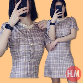 Đầm ôm body dự tiệc sang chảnh, đầm caro cổ ren nút ngọc, váy đầm xinh