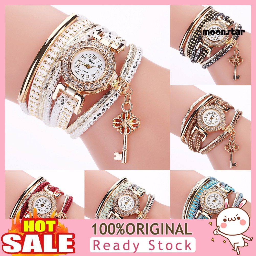 MS  Key Pendant Multi-Layer Rivets Band Arabic Numerals Quartz Bracelet Wrist Watch