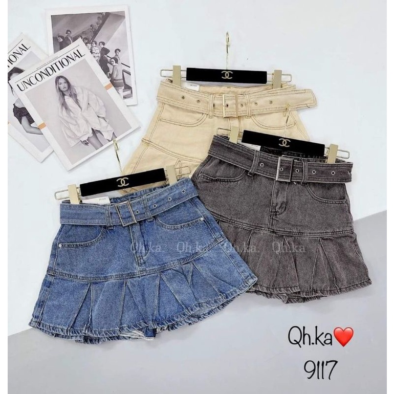 Chân váy bò xếp ly đai hàng QCL1