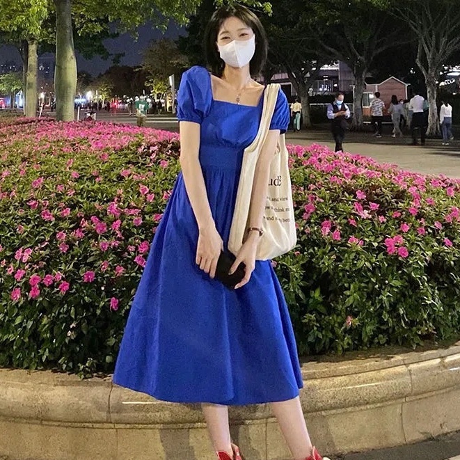 Happy-store ❤️ Đầm Tay Phồng Màu Xanh Lá Phong Cách Klein xanh lam Thời Trang Mùa Hè Cao Cấp Dành Cho Nữ.happy store8688