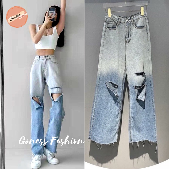 Quần jean nữ Goness xuông ống rộng bò cao cấp cạp cao thiết kế rách gối loang màu đậm nhạt cá tính thời trang