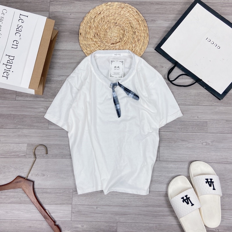 Áo phông trắng cotton nơ cổ dáng rộng tay lỡ hàn quốc Áo thun trắng