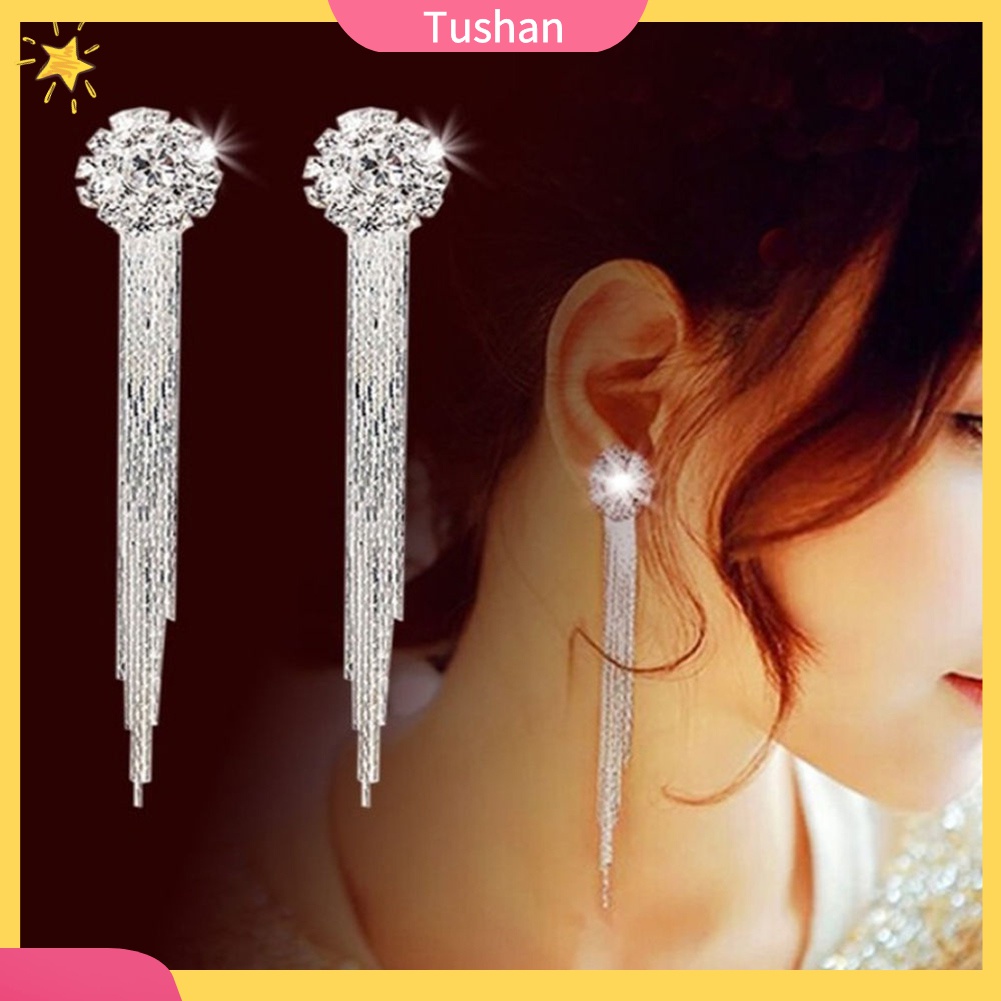 Bông Tai Dáng Dài Đính Đá Lấp Lánh Thời Trang Cho Cô Dâu