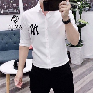 Áo sơ mi trắng nam dài tay, vải kate in logo chữ cao cấp NMM017
