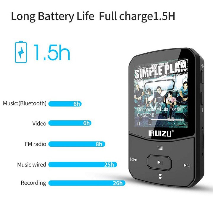 Máy Nghe Nhạc Ruizu X52 : MP3, Bluetooth - Bộ Nhớ Trong 8GB Cao Cấp AZONE - Hàng Chính Hãng