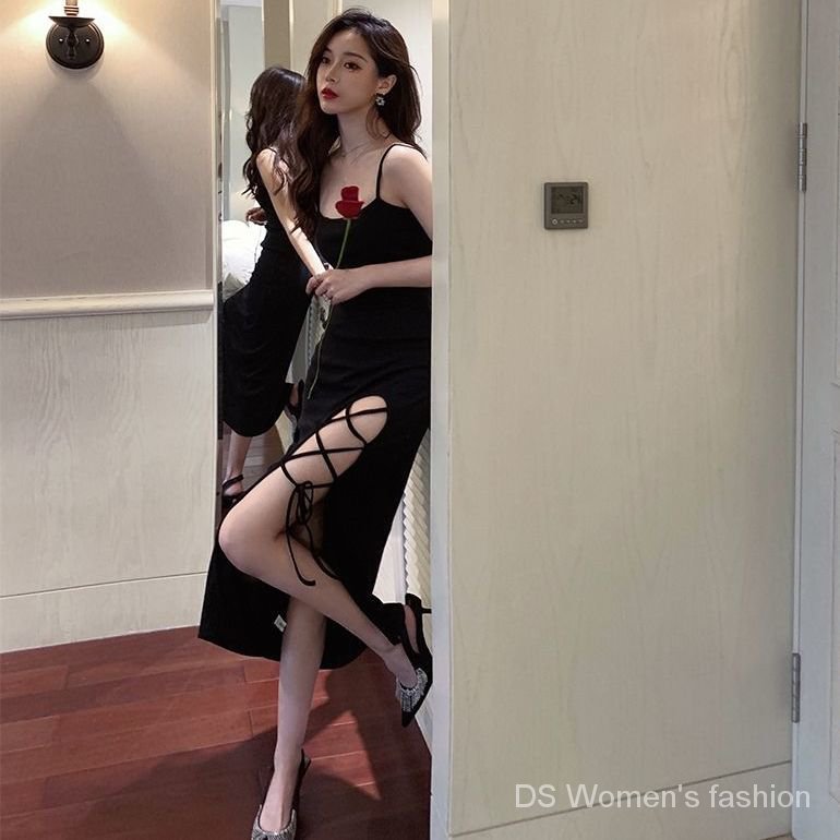 2021New  Slip Dress  Dress  High Waist Temperament Split  Midi Skirt  Slim-Fit  Little Black Dress