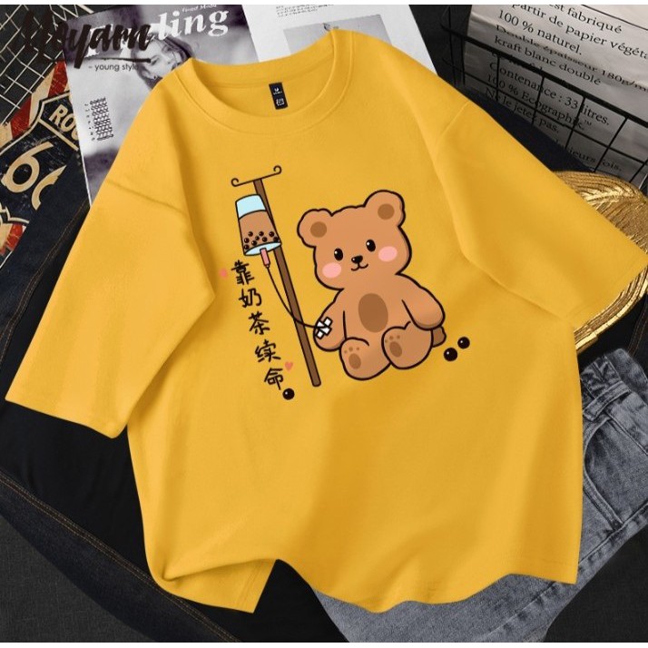 Áo thun gấu truyền trà sữa , phom rộng, siêu cute nha