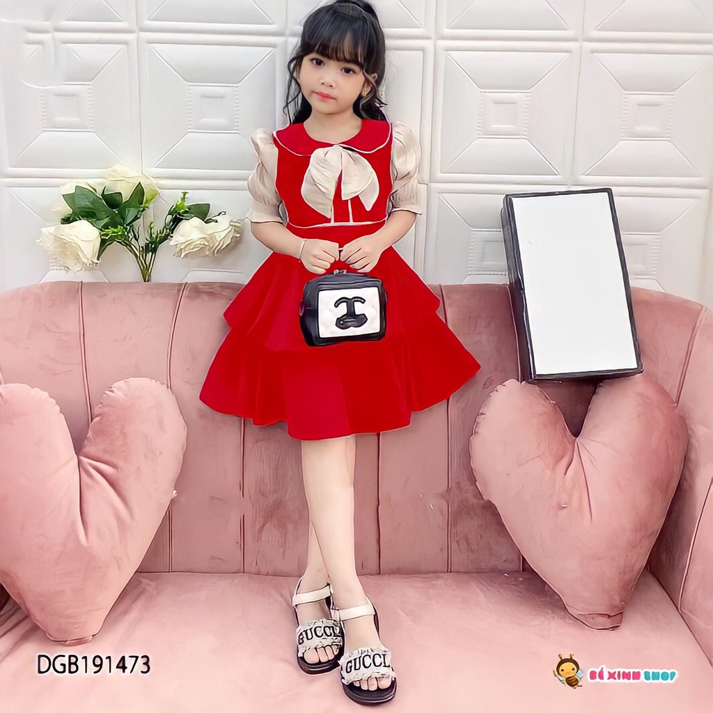 Đầm xòe tầng sọc ngang phối nơ cho bé gái vải cotton mềm mịn thoáng mát – Thời trang trẻ em Uli