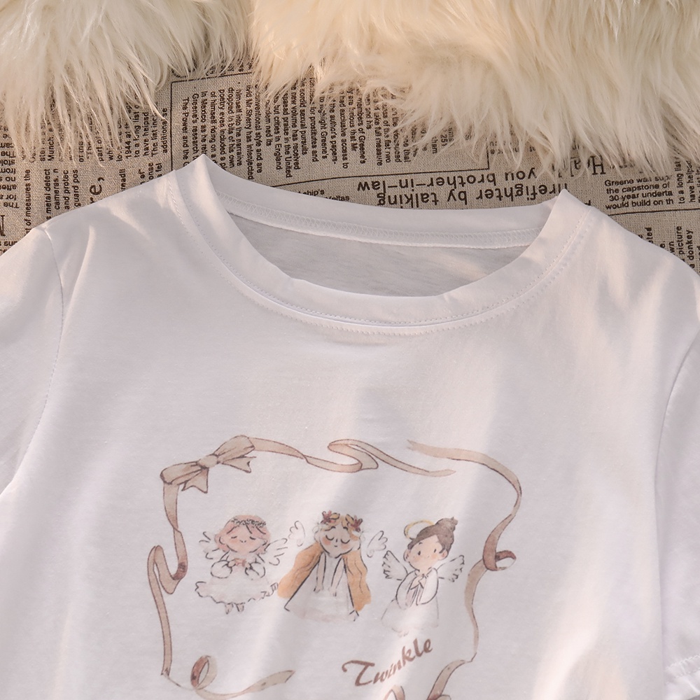 NUZIRO  Áo thun  tay ngắn cổ tròn in hình thiên thần nhỏ dễ thương thời trang cho nữ