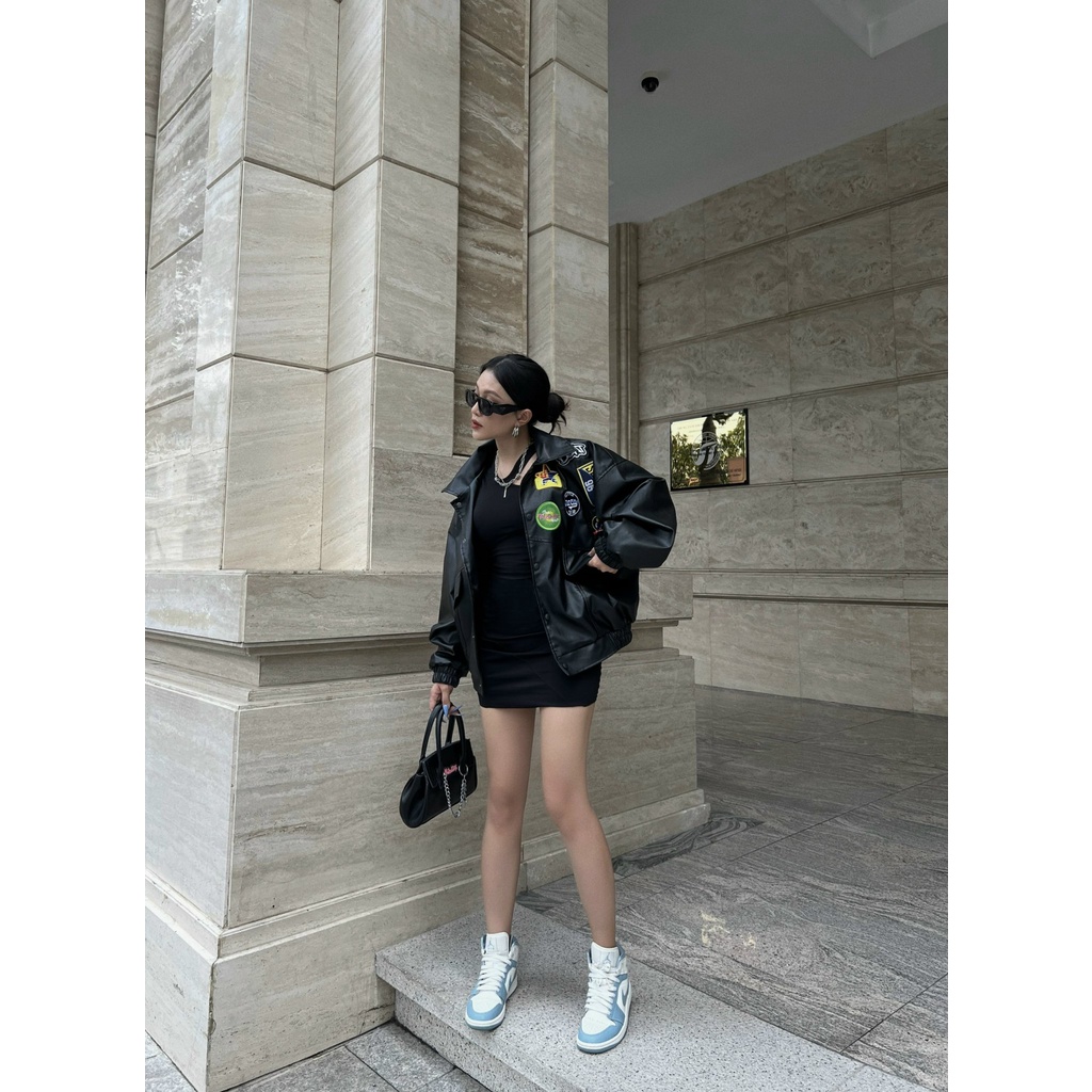 Áo khoác bomber da thêu logo unisex 6104 4lucky, form rộng chất da mịn