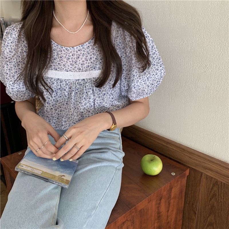 Áo Kiểu Cổ Tròn Tay Phồng In Hoa Dễ Thương 35527