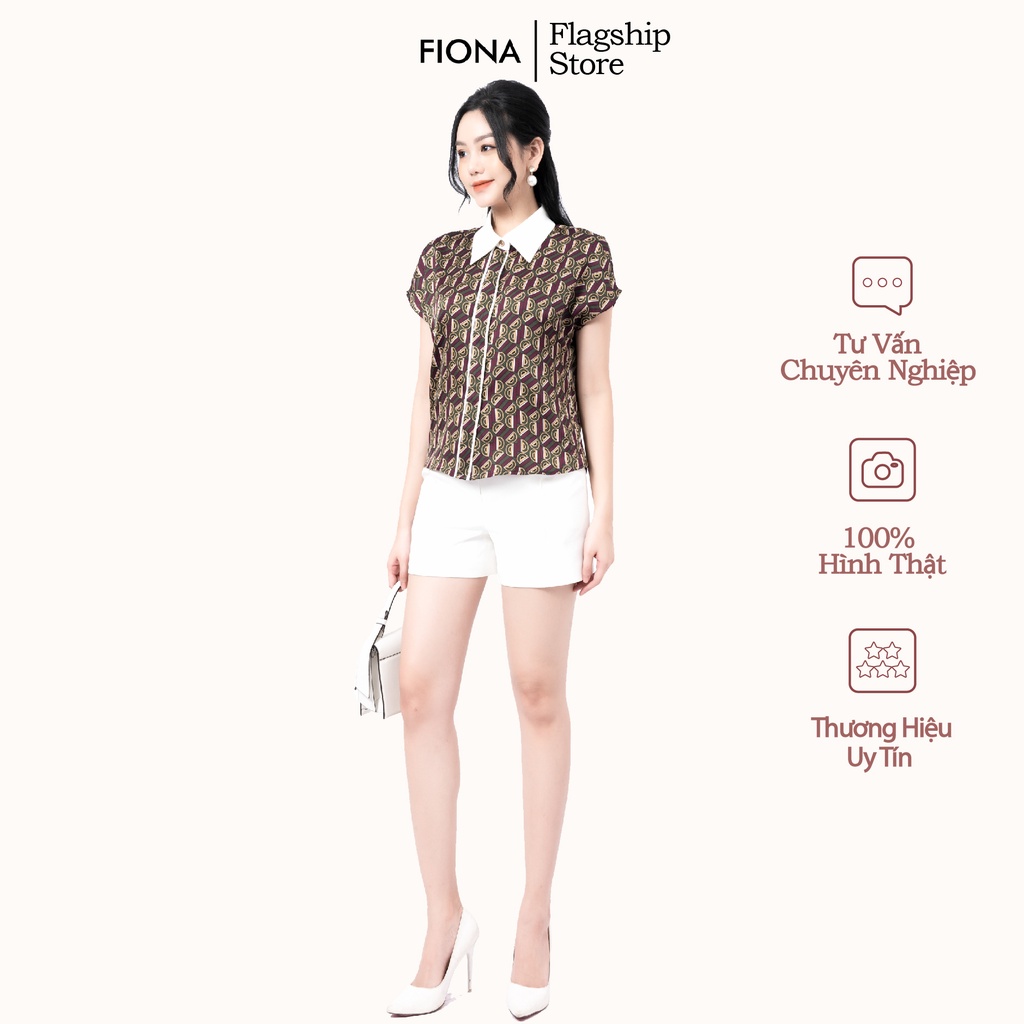 Áo sơ mi cổ đức Fiona, Sơ mi nữ cộc tay họa tiết màu tím trẻ trung mã F551204