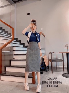 Set len cổ nơ áo xanh
