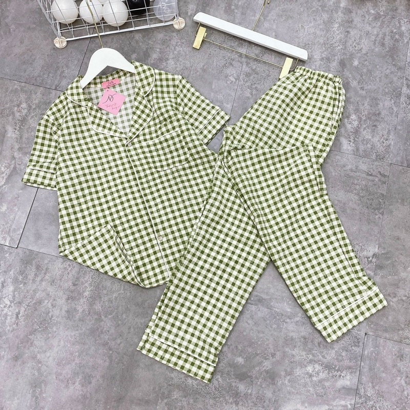 Bộ pijama hoạ tiết kẻ ô ziczac chất đũi xốp áo cộc quần dài mặc nhà nữ hàng thiết kế cao cấp