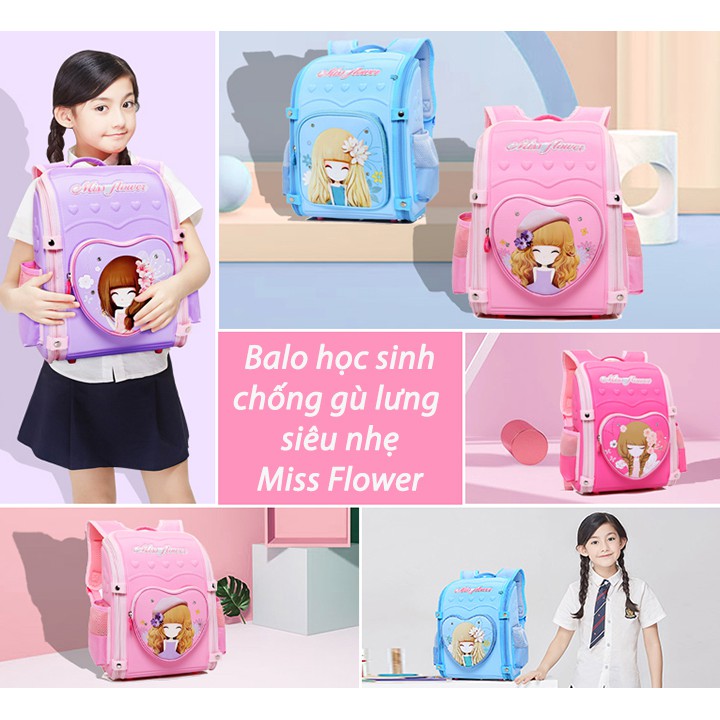 [LOẠI XỊN- ĐƯỢC CHỌN MÀU] Balo học sinh chống gù lưng siêu nhẹ Miss Flower. Cặp đựng sách vở chống gù cho bé gái