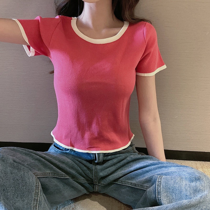 AMOI Áo polo Dệt Kim Tay Ngắn Cổ Tròn Thời Trang Hàn Quốc Cho Nữ