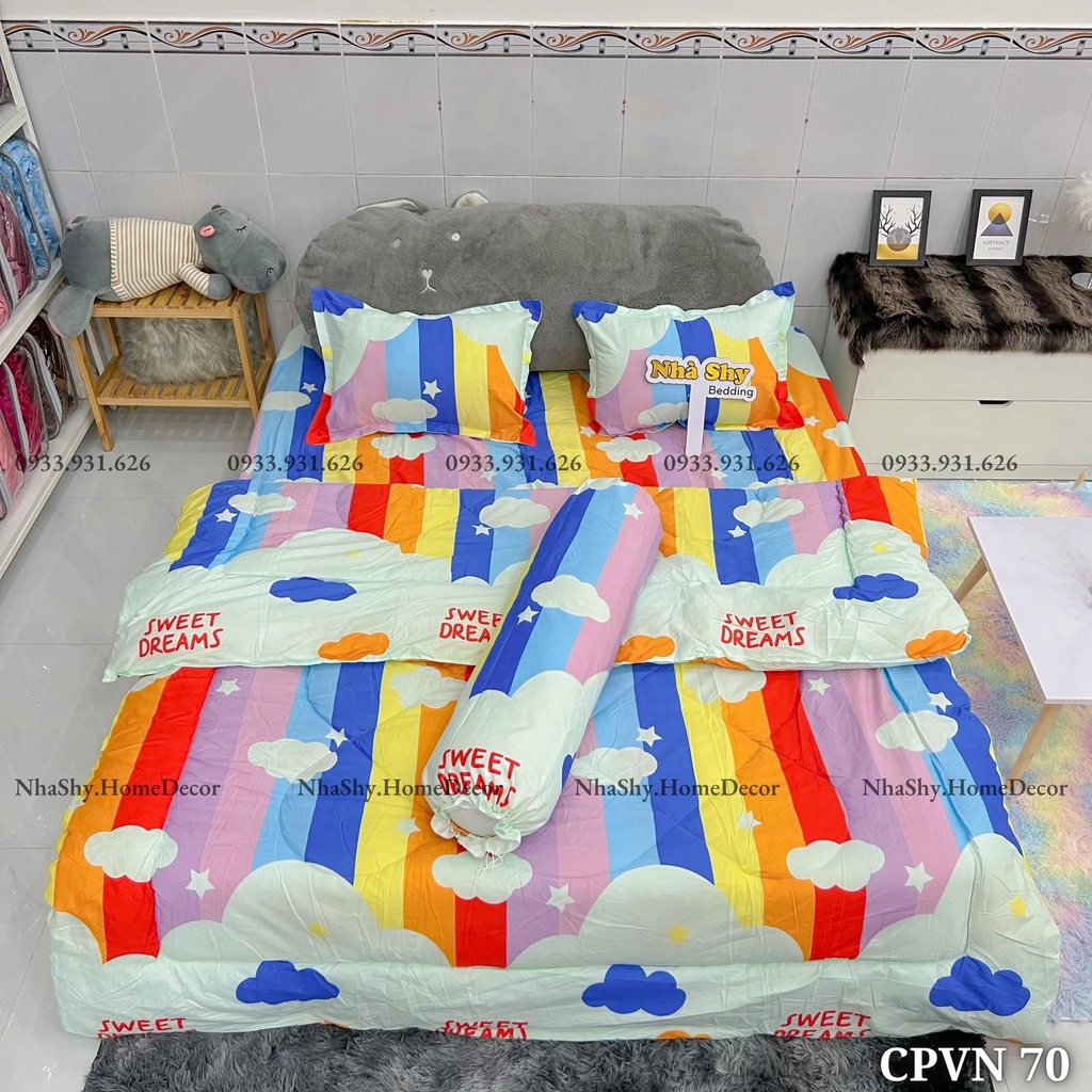 Trọn Bộ 5 Món Ga Gối Chăn Phao Dày Dặn Y Hình - Chất Liệu Poly Hàng Việt Nam Sản Xuất