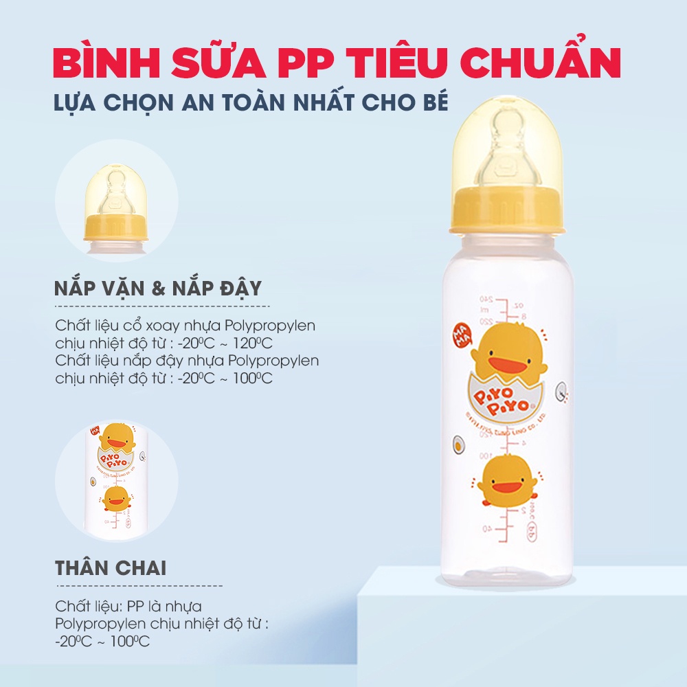 Bình sữa cổ tiêu chuẩn Piyo Piyo 240ml thân bình thẳng có thước đo, nhựa PP không chứa BPA