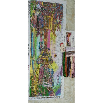 Tranh thêu chữ thập phong cảnh, tranh thêu đình chùa thác nước.