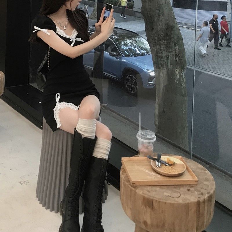 Hàng mới về mới đầm ngắn ôm dáng phối ren màu đen thời trang mùa hè quyến rũ cho nữ