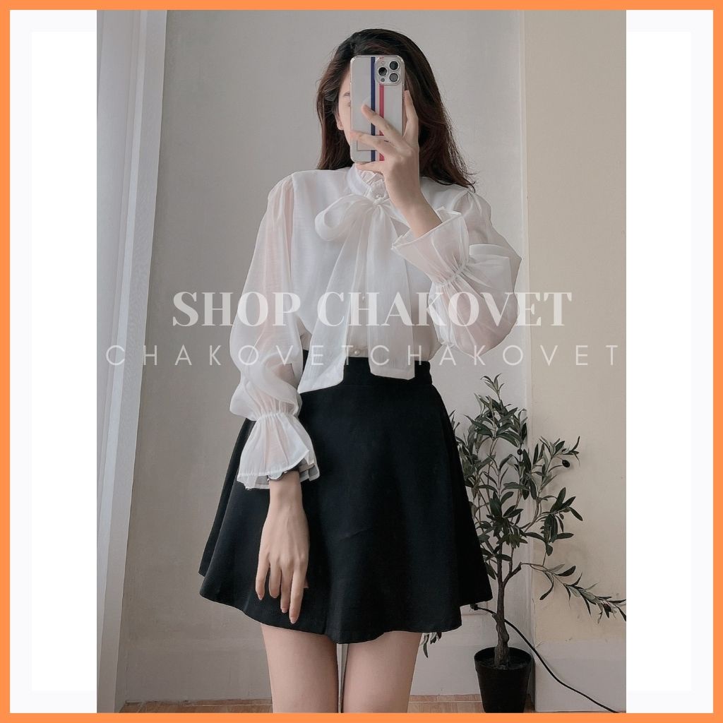 Áo sơ mi voan tiểu thư ulzzang hàn quốc 2 lớp A8163 cúc ngọc dễ thương cổ thắt nơ tay phồng bo chun siêu xinh sang chảnh