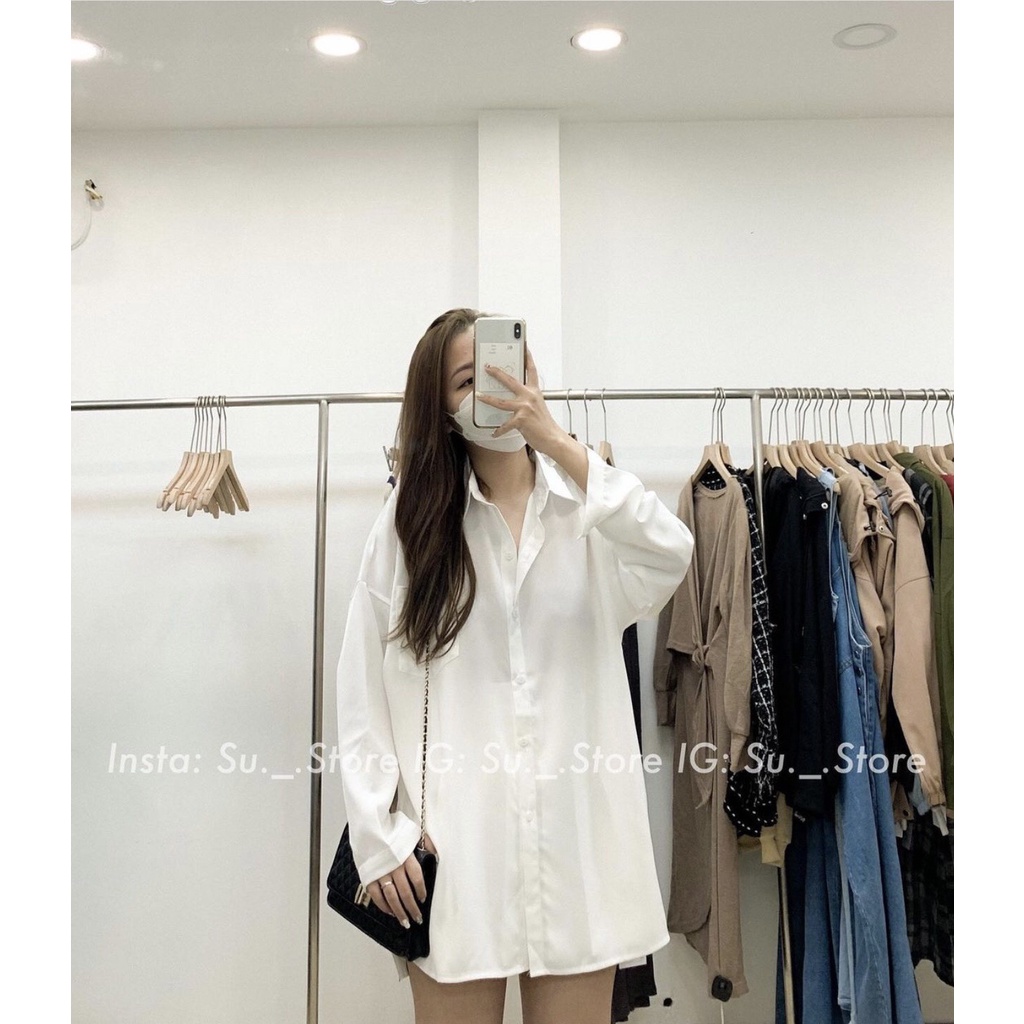 [Ảnh thật/Sẵn] Áo sơ mi basic form rộng túi ngực oversize vạt bầu