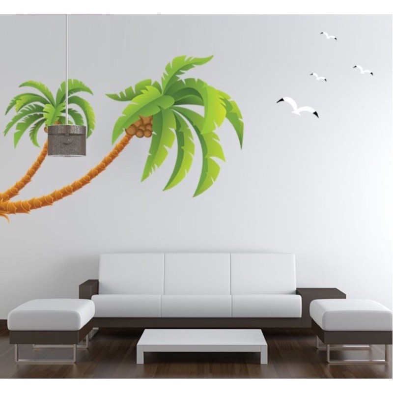 Decal dán tường - 2 Cây Dừa Nghiêng hạt trắng size lớn (2 tấm )