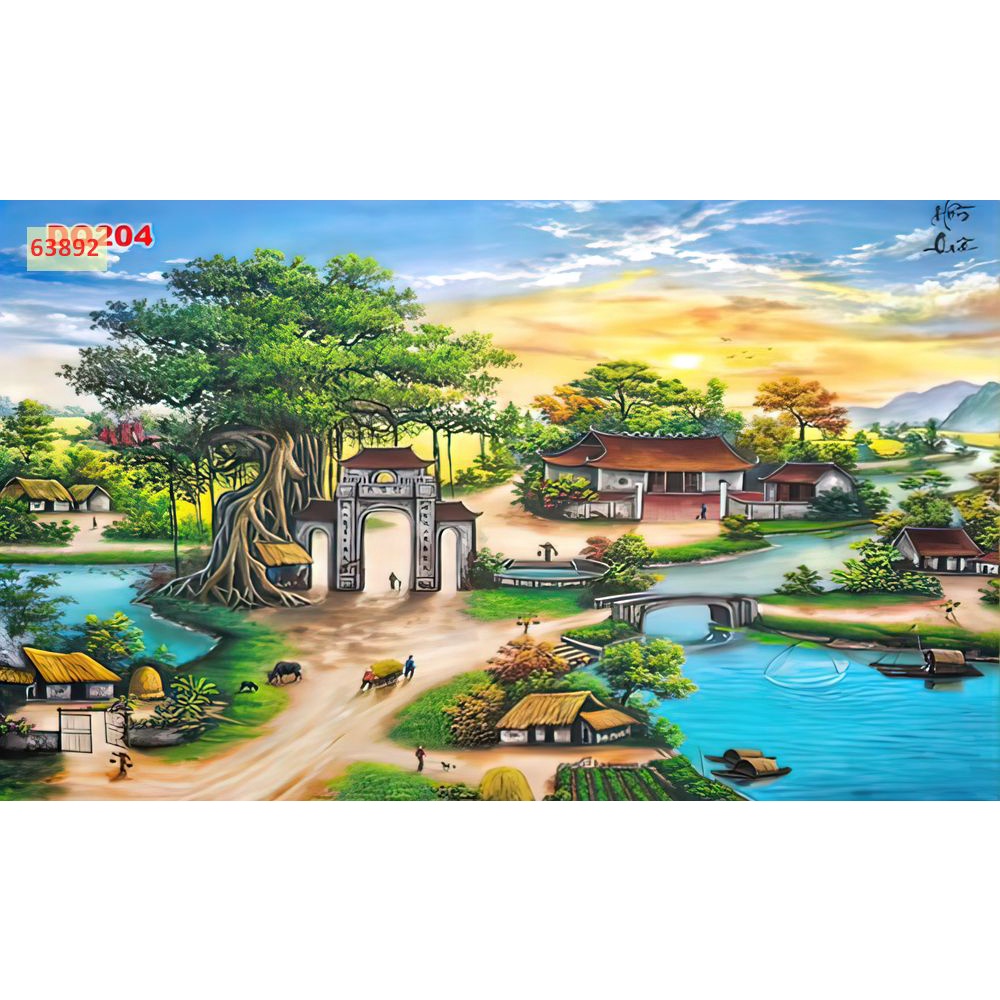 Tranh Đồng Quê Việt Nam Lụa 3D Cao Cấp Dán Tường 3D