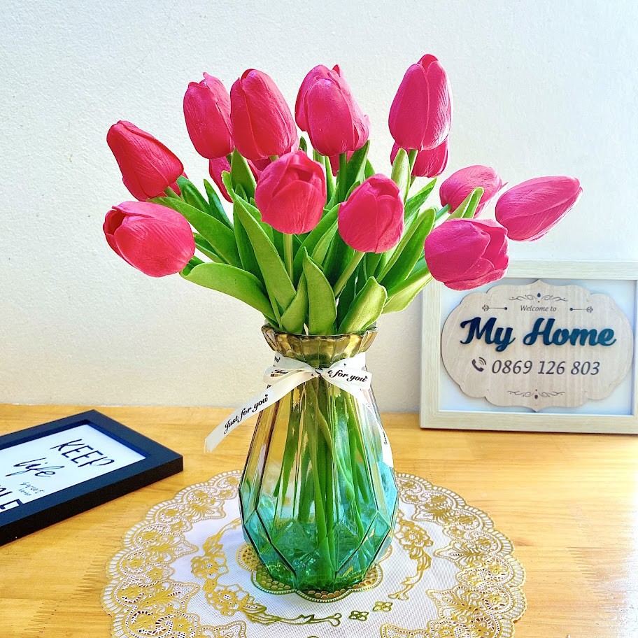 (Không bình) Combo 10 Bông Hoa Tulip giả PU cao cấp - Hoa lụa trang trí tuyệt đẹp - Hoa giả để bàn