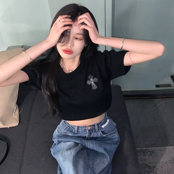 Áo thun ZHELIHANGFEI dáng ngắn tay ngắn phong cách vintage