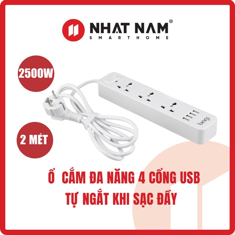 Ổ Cắm Điện Đa Năng BAGI- 3 Ổ Điện + 4 Cổng USB- Công Suất 2500W Dây Nối 2M