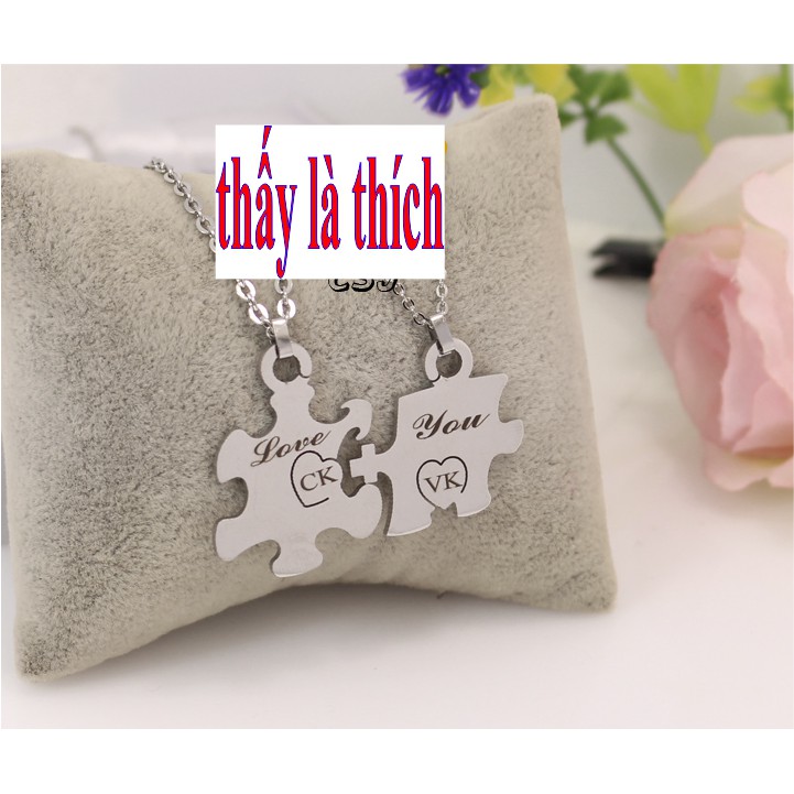 Dây chuyền cặp đôi 2 mảnh ghép khắc chữ CK / VK kết hợp Love You - Giá bán như trên là 1 cặp = 2 sợi mặt như hình