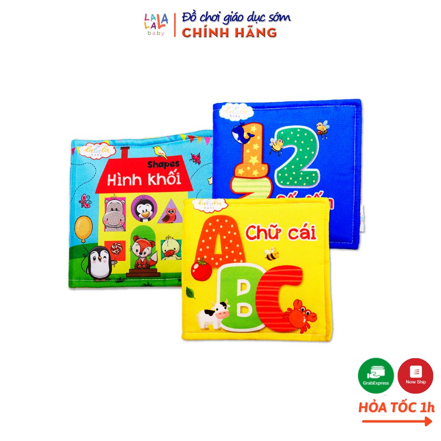 Combo 3 cuốn sách vải Lalala baby, kích thích đa giác quan, kích thước 15x15cm 12 trang (Hình khối, số đếm, chữ cái)