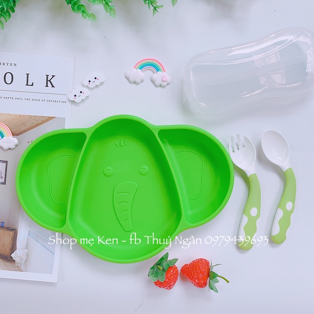 Khay ăn dặm silicon đế hút có nắp đậy hãng Kean hình con voi ko kèm thìa dĩa