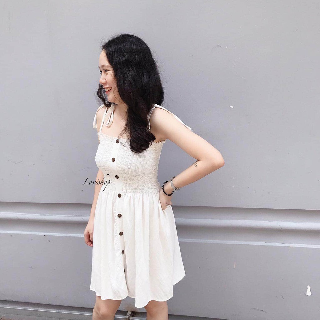 Đầm 2 dây nhún bốn màu chất đũi Lovi